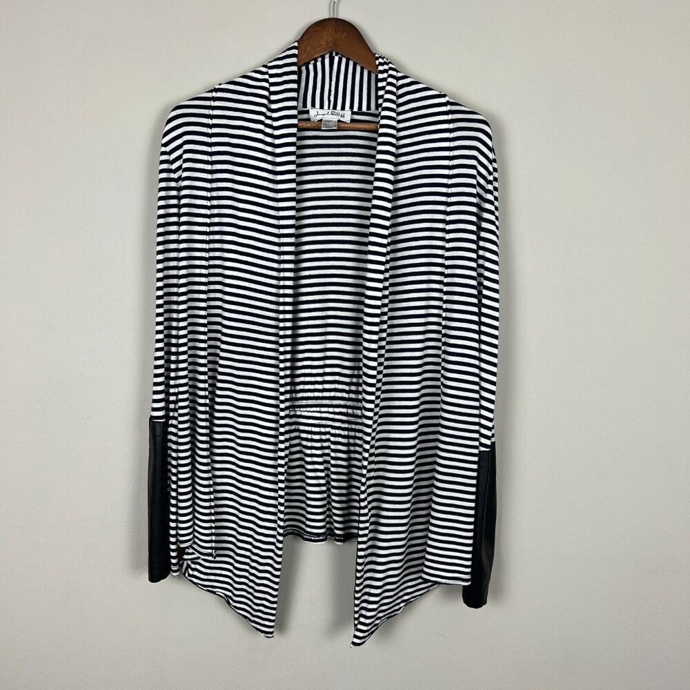 Joseph Ribkoff Cardigan Womens 12 Black White Stripe Faux Leather Accents Open